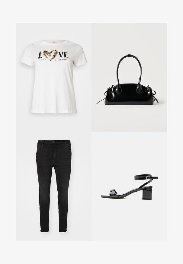 Hvid T-shirt med rund halsudskæring, prydet med "LOVE" i sort og et hjerte i leopardprint, accentueret med "with a wild heart" i kursiv.; Vero Moda Curve Skinny fit VMCFLASH Mid rise - Jeans Skinny Fit - black denim; Sort laklædersandal med blokhæle, åben tå og ankrem med spænde, vist fra siden på hvid baggrund.; Lille sort blank håndtaske med to lange håndtag og snøre-detaljer i siden på en ensfarvet lys baggrund.