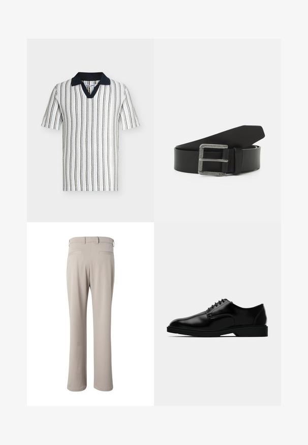 Polo de punto de manga corta con rayas verticales negras y azules sobre fondo blanco, con cuello sólido de color azul marino oscuro y abertura en V.; Pantalones beige de corte recto mostrados por detrás, con trabillas para cinturón y dos bolsillos de vivo en la cintura.; Zapato de vestir de cuero negro con un acabado liso, puntera redondeada, diseño de cordones y suela de goma discreta para mayor tracción.; Cinturón de cuero negro con una hebilla rectangular de metal plateado. Presenta una textura suave y un diseño sencillo, con un extremo puntiagudo.