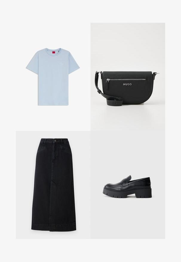 Hellblaues T-Shirt mit kurzen Ärmeln, Rundhalsausschnitt und kleinem weißen „Hugo“-Schriftzug auf der linken Brust.; Schwarzer Denim-Midikleid mit gerader Form, Druckknopfverschluss vorne und seitlichen Taschen mit dezenten Nähte.; Schwarzer klobiger Plateau-Schlüpfschuh mit glattem Lederoberteil, dekorativem Riemen und dicker strukturierter Sohle auf weißem Hintergrund.; Schwarze Leder-Umhängetasche mit runder Form, silbernem Reißverschlusstasche und einem Markenlogo. Verfügt über einen verstellbaren Trageriemen für Vielseitigkeit.