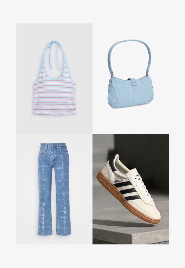 Ανοιχτό γαλάζιο crop top με λαιμόκοψη halter και λεπτές οριζόντιες κόκκινες και άσπρες ρίγες, δεμένο στο πίσω μέρος του λαιμού.; Ανοιχτό μπλε τζιν με ίσια γραμμή, που διαθέτει ένα πλέγμα από ασημένιες ορειχάλκινες καρφίτσες και κλασικό σχέδιο πέντε τσέπες.; Λευκό σουέτ sneaker με ναυτικές ρίγες, καουτσούκ σόλα, υφασμάτινη επιφάνεια, στρογγυλή μύτη και κορδόνια; διαθέτει επωνυμία στο πλάι και στη γλώσσα.; Μικρή γαλάζια τζιν τσάντα ώμου με κυματιστά πλαϊνά στοιχεία και μια μονή τιράντα, ασφαλισμένη με κλείσιμο με ταμπάκι στο κέντρο επάνω.