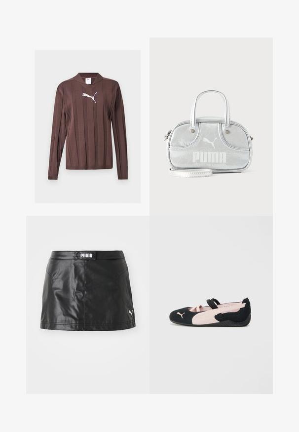 Pull marron à manches longues avec des rayures verticales texturées et un logo Puma blanc centré sur la poitrine sur un fond uni.; Jupe en faux cuir noir avec une texture lisse, arborant un logo PUMA à la taille et un petit logo sur l'ourlet.; Ballerines en suède noir et rose clair avec des sangles élastiques, un bout arrondi et une semelle en caoutchouc texturée, arborant un petit logo à l'avant.; Petit sac à main Puma argent métallisé avec deux poignées supérieures, une longue bandoulière, logo sur le devant et fermeture zippée sur fond uni clair.