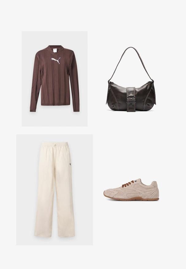 Pull marron à manches longues avec des rayures verticales texturées et un logo Puma blanc centré sur la poitrine sur un fond uni.; Pantalons larges beige clair avec une taille élastique et un cordon de serrage. Dotés d'un petit logo noir sur le côté. Texture lisse.; Baskets en suède beige avec des lacets marron, bout rond et accents texturés sur les côtés. Elles disposent d'une semelle en caoutchouc avec une adhérence pour la traction.; Sac à épaule en cuir marron avec une forme courbée, présentant un détail de boucle proéminent, des coutures contrastantes et une seule bandoulière.