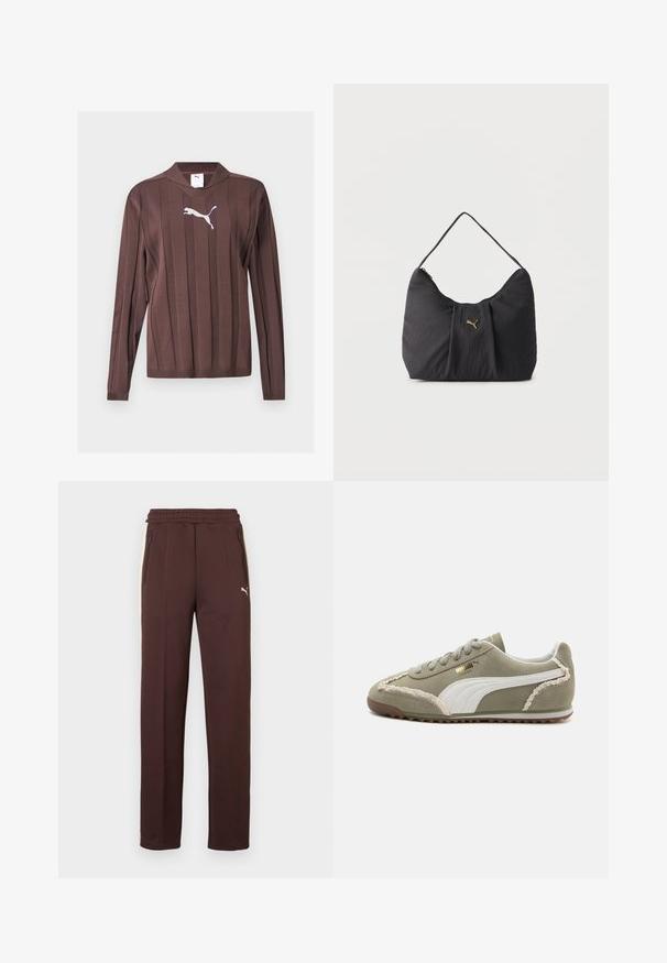 Brun langærmet sweater med lodrette teksturerede striber og en hvid Puma-logo centreret på brystet mod en ensfarvet baggrund.; Brune joggingbukser med en tekstureret overflade, elastisk taljebånd, sidelommer med lynlåse og et logo på venstre ben.; Grønne ruskind sneakers med hvide læderdetaljer, struktureret syning, snørelukning og gummisål. Har unikke designfunktioner langs siderne.; Sort skuldertaske med tekstur og folder, et enkelt håndtag og et lille gyldent Puma-logo centreret på forsiden.