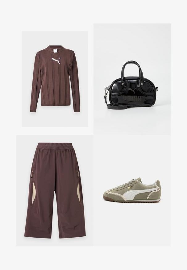 Brun langærmet sweater med lodrette teksturerede striber og en hvid Puma-logo centreret på brystet mod en ensfarvet baggrund.; Brune vidde cropped bukser med elastisk talje og beige sidepaneler, med lynlåslommer på begge sider.; Grønne ruskind sneakers med hvide læderdetaljer, struktureret syning, snørelukning og gummisål. Har unikke designfunktioner langs siderne.; Sort lakeret håndtaske med dobbelte top-håndtag, aftagelig skulderrem, rund form og et fremtrædende præget "PUMA"-logo.