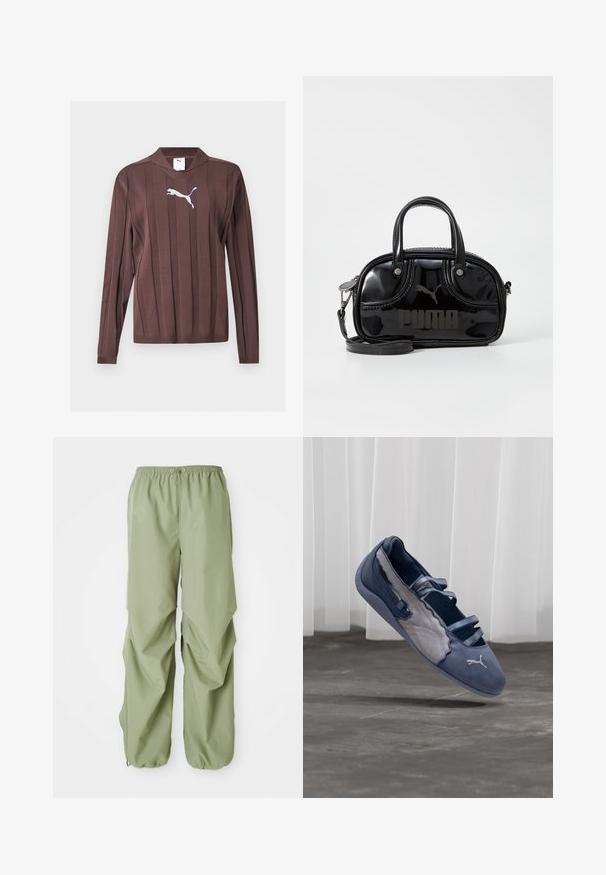 Brun langærmet sweater med lodrette teksturerede striber og en hvid Puma-logo centreret på brystet mod en ensfarvet baggrund.; Lys grønne bukser med elastisk talje og løs pasform, der har sammensnørrede detaljer i siden og manchetter. Lavet af et glat stof.; Blå og grå Puma flad sko med tre elastiske stropper, tekstureret sidepanel og hvidt Puma-logo, svævende over en betongulv.; Sort lakeret håndtaske med dobbelte top-håndtag, aftagelig skulderrem, rund form og et fremtrædende præget "PUMA"-logo.