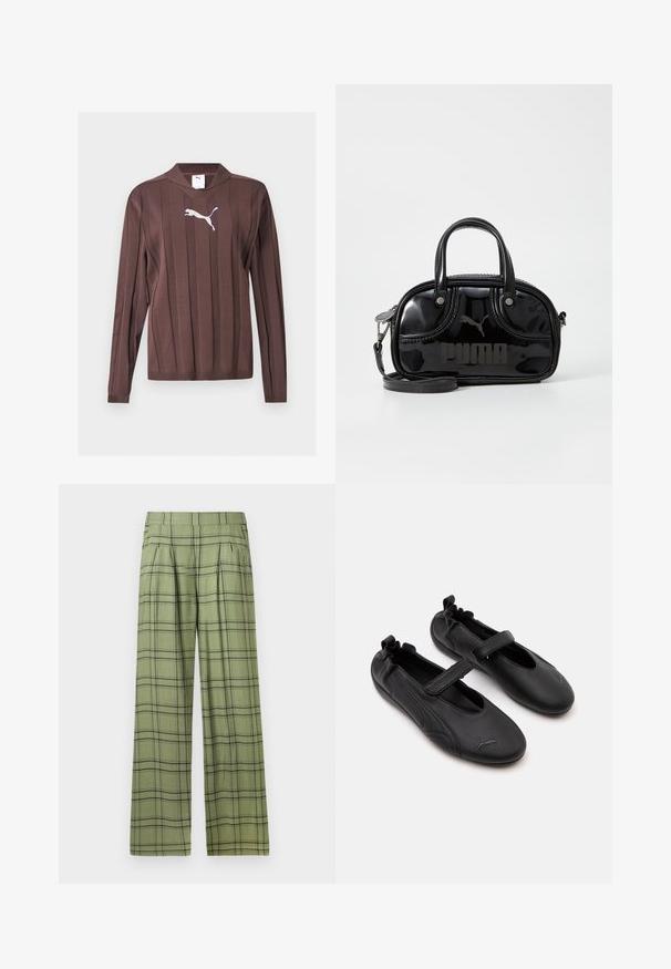 Bruine trui met lange mouwen met verticale, gestructureerde strepen en een wit Puma-logo in het midden van de borst op een effen achtergrond.; Groene wijde broek met een zwart plaid patroon en een hoge tailleband, voorplooien en zijzakken.; Paar zwarte leren Mary Jane schoenen met elastische achterkant en klittenbandsluiting, met een subtiel Puma-logo op elke teen.; Zwarte lakleren handtas met dubbele handvatten aan de bovenkant, afneembare schouderriem, ronde vorm en opvallend gegraveerd "PUMA" logo.