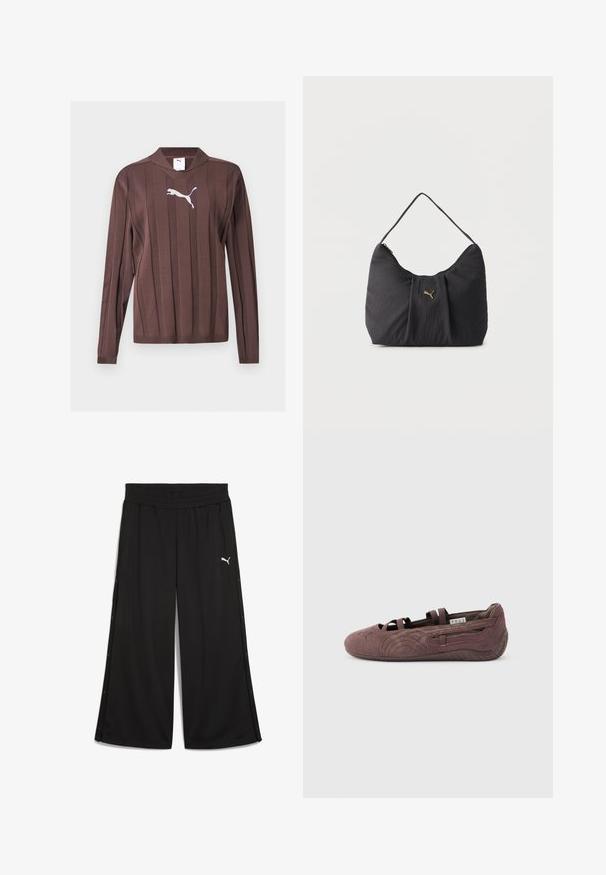 Brun langærmet sweater med lodrette teksturerede striber og en hvid Puma-logo centreret på brystet mod en ensfarvet baggrund.; Sorte sportbukser med elastisk talje, sidelukninger med knapper og en hvid Puma-logo på forsiden. Fremstillet af letvægtigt stof.; Brun ruskinds balletsko med elastiske stropper og tekstureret sål, vist i profil mod en ensfarvet lys baggrund.; Sort skuldertaske med tekstur og folder, et enkelt håndtag og et lille gyldent Puma-logo centreret på forsiden.