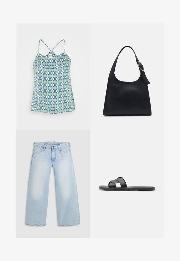 ONLY ONLALMA LIFE CYRUS SINGLET - Top - algiers blue/gwen; Lyseblå vid nederdel jeans lavet af denim. Har lige snit, fem lommers design og knaplukning i taljen.; Sort slide sandal med crisscross strop design, flad sål, mat tekstur og minimalistisk profil. Velegnet til afslappet brug.; Sort læder tote taske med en glat overflade, rund form og en enkelt skulderrem med et cirkulært guld hardware-ornament.