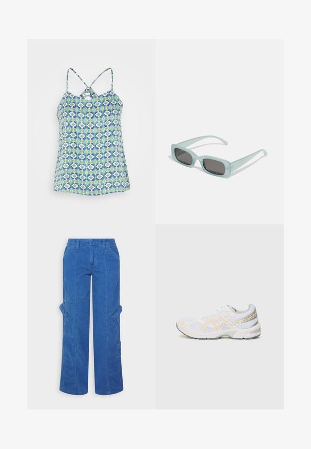ONLY ONLALMA LIFE CYRUS SINGLET - Top - algiers blue/gwen; BDG Urban Outfitters Kapsáče - bright blue; Biele športové topánky z sieťoviny s ľahko oranžovými a šedými akcentmi, textúrovanou podrážkou a polstrovaným golierom pre pohodlie.; Párik obdĺžnikových slnečných okuliarov s svetlomodrými priehľadnými rámami a tmavosivými sklami, s rovnými stranami a minimálnymi hardvérovými detailmi.