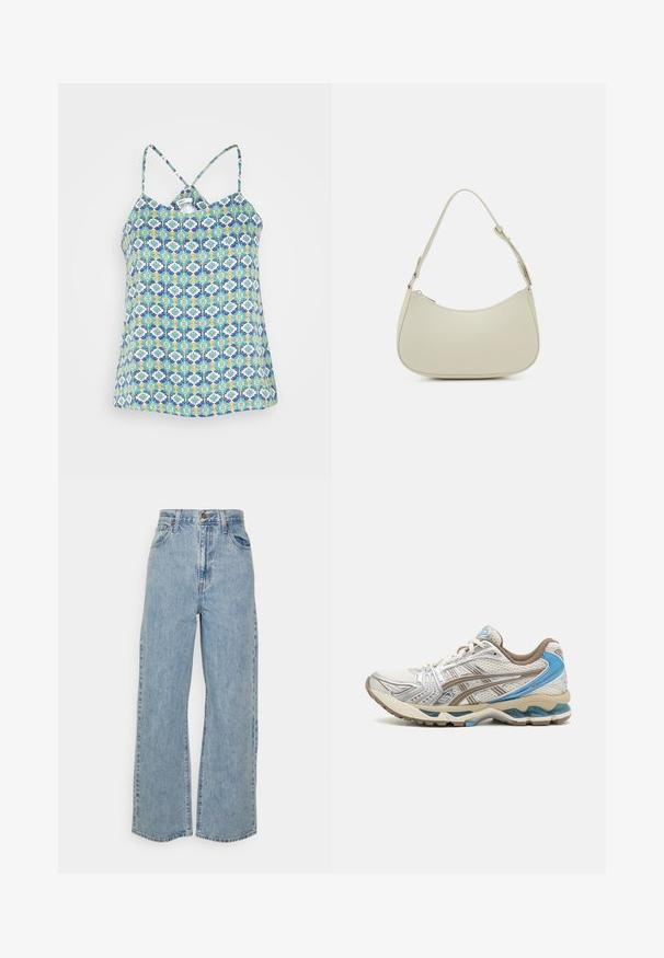 ONLY ONLALMA LIFE CYRUS SINGLET - Top - algiers blue/gwen; Lyseblå vidde denimjeans med høj talje, frontknap, lynlås og femlomme-design på ensfarvet baggrund.; Hvid og beige løbesko med blå accenter, netoverdel, polstret sål og snørelukning, vist fra ydersiden.; Pieces PCALUANA SHOULDER BAG - Håndtasker - birch