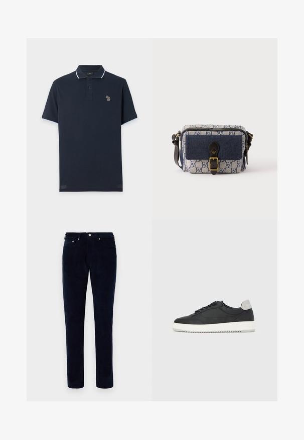 Marineblå polo t-shirt med korte ærmer, to knapper, lyseblå kant på krave og ærmer samt et lille farverigt broderet zebra-logo på brystet.; Herre slim-fit mørkeblå kordfløjspants med for- og baglommer, bæltestropper og knaplukning.; Sort lavtop-sneakers med hvid sål og grå hælkappe, set fra siden på en helt hvid baggrund.; Lille rektangulær blå og hvid mønstret crossbody taske med forreste navy lomme, sort læder spænde rem og justerbar skulderrem.