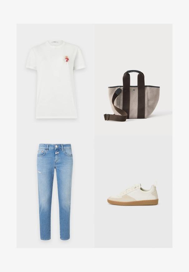 Biele tričko s krátkym rukávom s malou červenou anatomickou grafikou srdca a zlatými lúčmi na hornej ľavej strane hrude, označené "Replay."; Svetlomodré denimové džínsy so slim fit strihom, s gombíkovým zapínaním, miernym opotrebením a tradičným dizajnom s piatimi vreckami.; Biele tenisky vyrobené z kože a semišu, s textúrovaným povrchom, zaobleným tvarom a gumovou podrážkou. Túto obuv môžete zapínať pomocou šnúrok a má aj poutko.; Plátenná taška v béžovej farbe s tmavohnedými popruhmi. Má hornú rukoväť a odnímateľný ramenný popruh. Obohatená o malé logo.