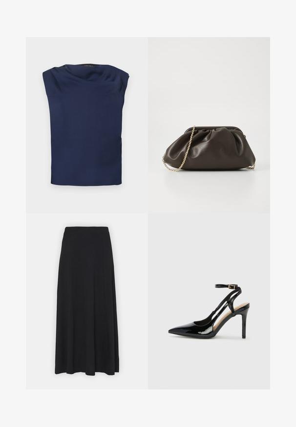 Navy blue sleeveless blouse with a draped neckline, smooth fabric, and a straight hem, displayed flat on a white background.; Maxi skirt in solid black. Flared design with a smooth texture and elastic waistband. No visible patterns or accents.; Black patent leather high-heeled slingback shoe with pointed toe, adjustable ankle strap, and open sides. Smooth texture.; Brown leather handbag with a gathered design, gold chain strap, and soft, textured finish. Compact shape suitable for evening use.