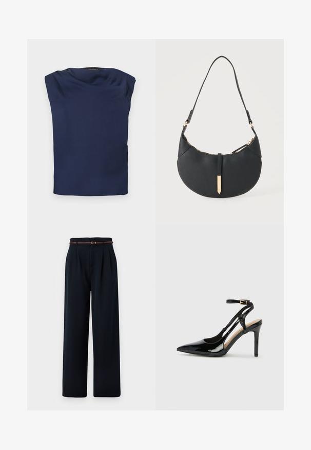 Marineblaue ärmellose Bluse mit drapiertem Ausschnitt, glattem Stoff und geradem Saum, flach auf weißem Hintergrund präsentiert.; Schwarze, hoch taillierte, weit geschnittene Hose mit Falten und einem dünnen braunen geflochtenen Gürtel, auf weißem Hintergrund dargestellt.; Schwarze Patentleder-High-Heel-Slingback-Pumps mit spitzem Zeh, verstellbarem Knöchelriemen und offenen Seiten. Glatte Textur.; Schwarze halbmondförmige Handtasche mit einem einzelnen Träger, goldenem Reißverschluss und einer goldenen rechteckigen dekorativen Lasche vorne.