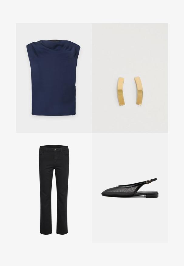 Blouse sans manches bleu marine avec un col drapé, tissu lisse et ourlet droit, présenté à plat sur un fond blanc.; Pantalon en denim noir avec une coupe droite, doté de deux poches avant et d'un seul bouton en métal à la taille. Texture lisse.; Chaussure plate noire à bride arrière, bout pointu, tige en mesh, bride à boucle réglable et petit talon empilé sur fond blanc.; Boucles d'oreilles en métal doré avec un design cintré et allongé. La surface est lisse et polie, arborant un style minimaliste.