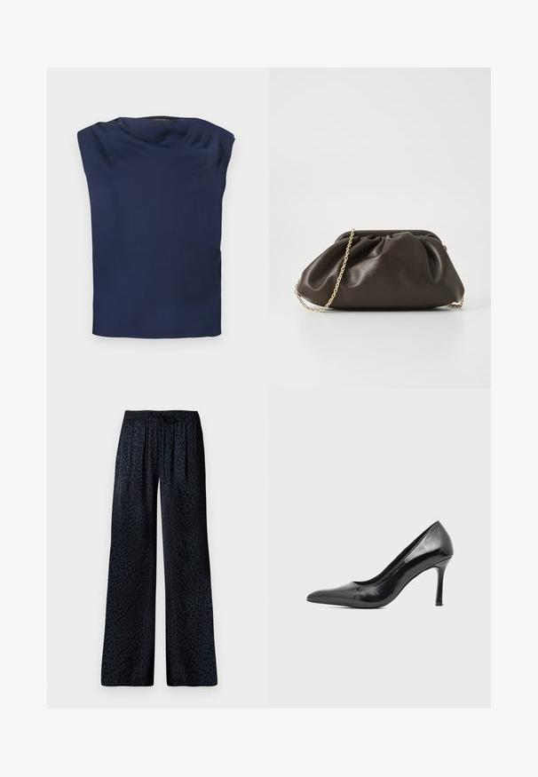 Blouse sans manches bleu marine avec un col drapé, tissu lisse et ourlet droit, présenté à plat sur un fond blanc.; Pantalons larges en tissu foncé avec un motif léopard noir discret, une taille élastique et une coupe confortable.; Chaussure à talon haut pour femme en cuir verni noir avec bout pointu et talon fin sur fond clair uni.; Sac à main en cuir marron avec un design froncé, une bandoulière en chaîne dorée et une finition douce et texturée. Sa forme compacte est idéale pour une utilisation en soirée.