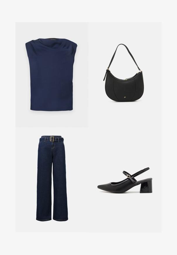 Marineblauwe mouwloze blouse met een gedrapeerde halslijn, gladde stof en een rechte zoom, plat gelegd op een witte achtergrond.; Donkerblauwe wijde denim broek met gestikte zakken en een bijpassende riem met een grote rechthoekige gouden gesp.; Zwarte gepolijste leren slingback hakken met een spitse neus, een ronde uitsnede en een blokhak. Voorzien van een gouden gespaccent.; Zwarte leren handtas met een gebogen vorm, textuuroppervlak, voornaden en een logo in goudkleur. Beschikt over een enkele verstelbare schouderband.