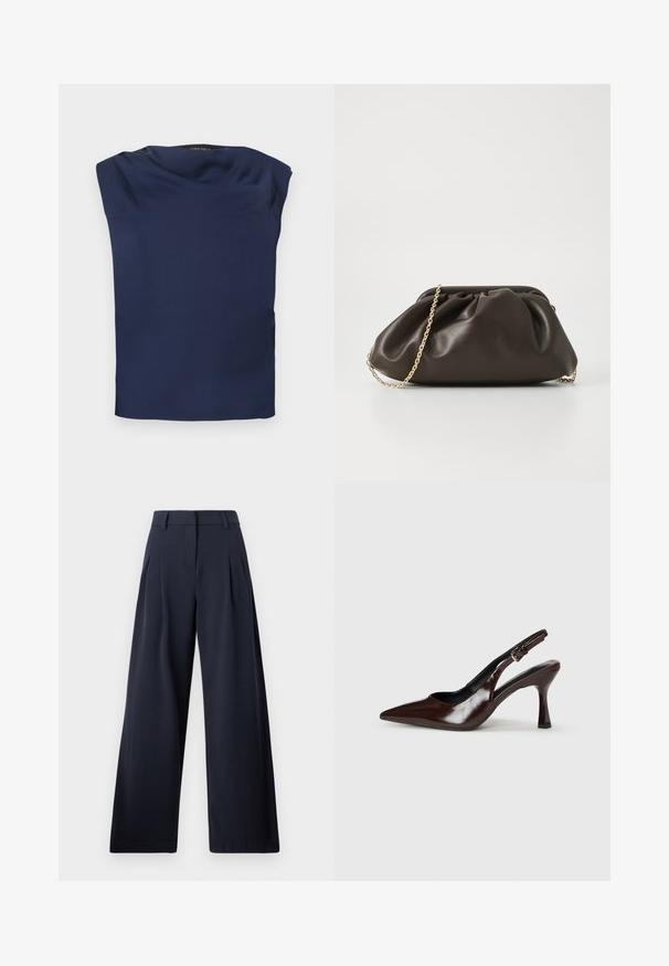 Blouse sans manches bleu marine avec un col drapé, tissu lisse et ourlet droit, présenté à plat sur un fond blanc.; Pantalons larges navy avec une texture lisse, présentant des plis avant et une taille classique, conçu pour un ajustement décontracté.; Talons slingback en cuir verni brun avec un bout pointu, un talon fin, et une sangle réglable avec une petite boucle.; Sac à main en cuir marron avec un design froncé, une bandoulière en chaîne dorée et une finition douce et texturée. Sa forme compacte est idéale pour une utilisation en soirée.
