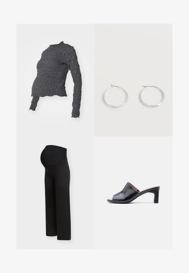Haut à manches longues gris foncé avec des motifs de feuilles texturés en relief et un col montant, présentant un design ajusté légèrement court.; Pantalon de maternité noir avec une taille haute et extensible conçue pour soutenir un ventre de femme enceinte, présenté sur un fond clair uni.; Mules en cuir noir à bout ouvert avec un design courbé, un petit talon carré et une texture lisse. Accents semblables au bois sur le talon.; Boucles d’oreilles créoles en métal argenté avec une surface lisse légèrement incurvée et des fermoirs à clapet sur un fond blanc uni.