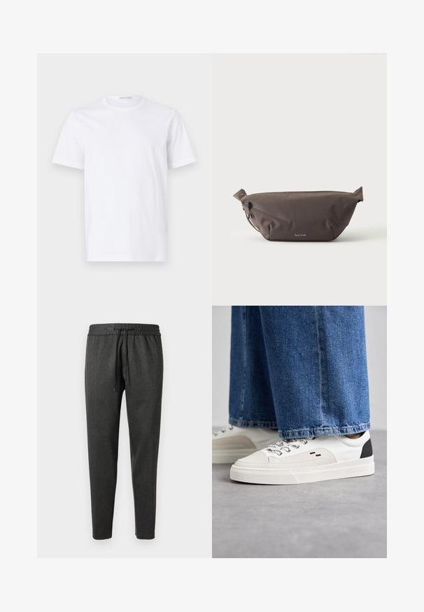 Hvid bomulds t-shirt med rund halsudskæring og korte ærmer. Glat tekstur, lige snit og minimalistisk design uden mønstre eller accenter.; Mørkegrå joggerbukser lavet af tekstureret stof, med elastisk talje og snor. Taperede ben med ingen lommer.; Hvide og sorte sneakers med en glat læderoverdel, teksturerede detaljer og en kraftig hvid sål. Har et klassisk snørebåndsdesign.; Mørkebrun stof talje taske med diagonalt lynlåslomme og lille hvidt logo på fronten, sat mod en ensfarvet lys baggrund.
