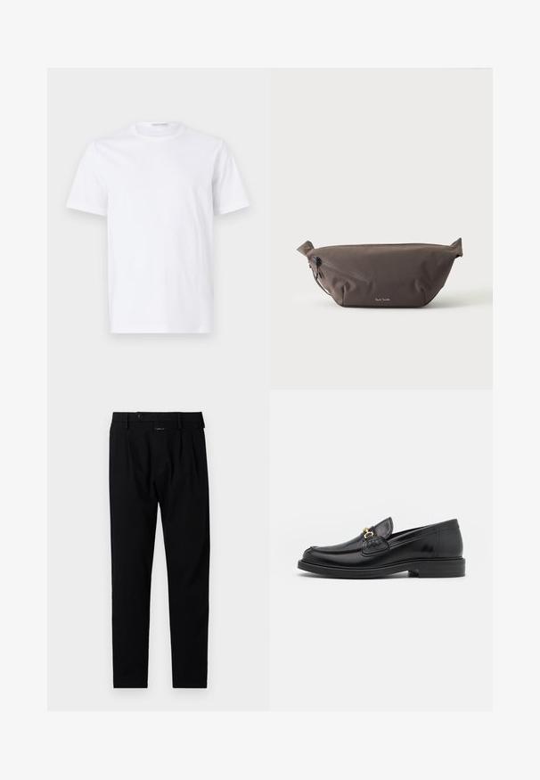 Hvid bomulds t-shirt med rund halsudskæring og korte ærmer. Glat tekstur, lige snit og minimalistisk design uden mønstre eller accenter.; Sorte bukser med en skrædderfitting, der har glat front, enkelte plisseringer og en knaplukning. Lavet af glat stof, velegnet til formelt tøj.; Sorte læder loafers med en rund tå, der har guld hardware accent og syningsdetaljer, placeret på en lav, tekstureret gummisål.; Mørkebrun stof talje taske med diagonalt lynlåslomme og lille hvidt logo på fronten, sat mod en ensfarvet lys baggrund.