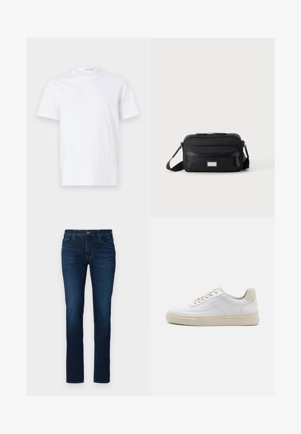 Hvid bomulds t-shirt med rund halsudskæring og korte ærmer. Glat tekstur, lige snit og minimalistisk design uden mønstre eller accenter.; Mørkeblå denimjeans med lige ben, der har standard knap- og lynlåslukning, fem lommer og let lysning.; Hvide sneakers med en glat læderoverdel, beige snørebånd og en tekstureret beige ruskindsheel-tab. Hævet sål for ekstra højde.; Sort rektangulær crossbody-taske med front lynlåslomme, justerbar rem og sølv rektangulært logo mærke på ensfarvet baggrund.
