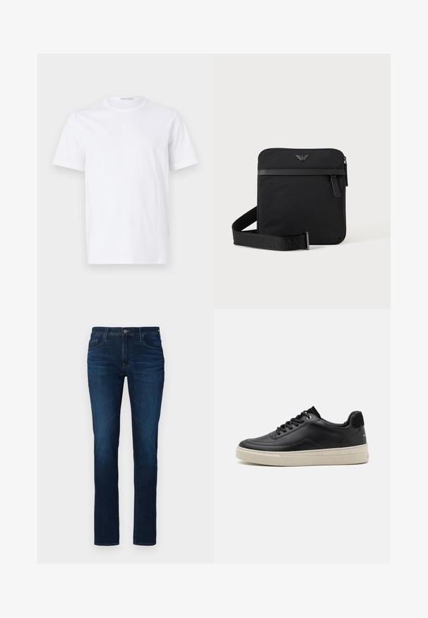 Hvid bomulds t-shirt med rund halsudskæring og korte ærmer. Glat tekstur, lige snit og minimalistisk design uden mønstre eller accenter.; Mørkeblå denimjeans med lige ben, der har standard knap- og lynlåslukning, fem lommer og let lysning.; Sort lædersneaker med lav profil, der har en cremefarvet gummisål, rund tå og snøre-design, akkompagneret af en hæl i sort ruskind.; Sort firkantet skuldertaske med lynlås, frontlomme og justerbar rem med præget brandnavn.