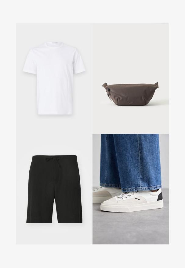Hvid bomulds t-shirt med rund halsudskæring og korte ærmer. Glat tekstur, lige snit og minimalistisk design uden mønstre eller accenter.; Sorte linnedbukser med snor i taljen, der har en afslappet pasform og et knælangt design. Glat tekstur, simple og klassiske stil.; Hvide og sorte sneakers med en glat læderoverdel, teksturerede detaljer og en kraftig hvid sål. Har et klassisk snørebåndsdesign.; Mørkebrun stof talje taske med diagonalt lynlåslomme og lille hvidt logo på fronten, sat mod en ensfarvet lys baggrund.