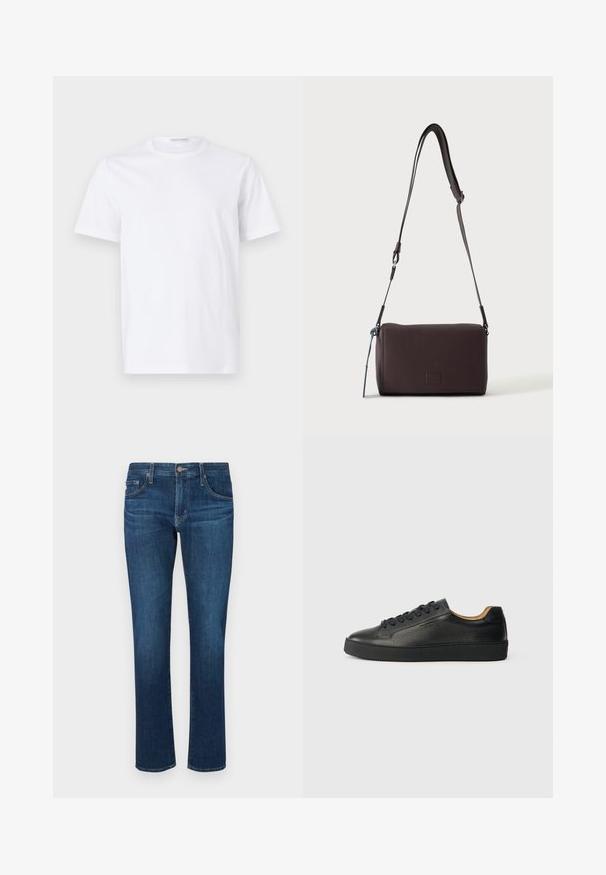Hvid bomulds t-shirt med rund halsudskæring og korte ærmer. Glat tekstur, lige snit og minimalistisk design uden mønstre eller accenter.; Mørkeblå denimjeans med lige ben-design, klassisk fem-lomme stil og en knaplukning i taljen. Glat tekstur.; Sorte lavtop lædersneakers med tekstureret overflade, sorte snørebånd og tyk gummisål, vist fra siden på en lys baggrund.; Mørkebrun textured læder crossbody taske med justerbar rem og lille dekorativ blå accent på siden.