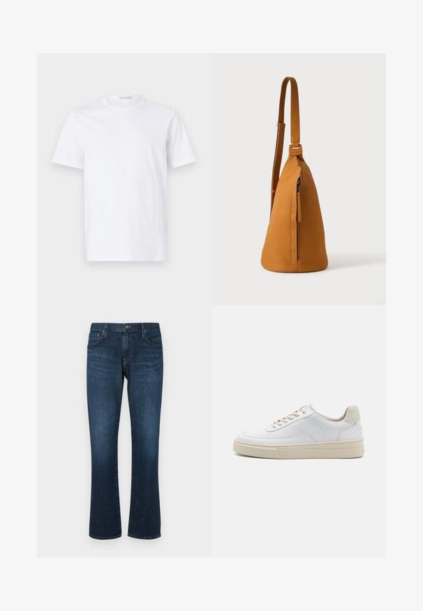 Hvid bomulds t-shirt med rund halsudskæring og korte ærmer. Glat tekstur, lige snit og minimalistisk design uden mønstre eller accenter.; Mørkeblå denimjeans med lige ben-design, fem lommer og metalknap-lukning. Glat tekstur med subtil falming.; Hvide sneakers med en glat læderoverdel, beige snørebånd og en tekstureret beige ruskindsheel-tab. Hævet sål for ekstra højde.; Tan læder crossbodytaske med justerbar rem og lodret lynlåslomme, vist fra siden mod en ensfarvet lys baggrund.