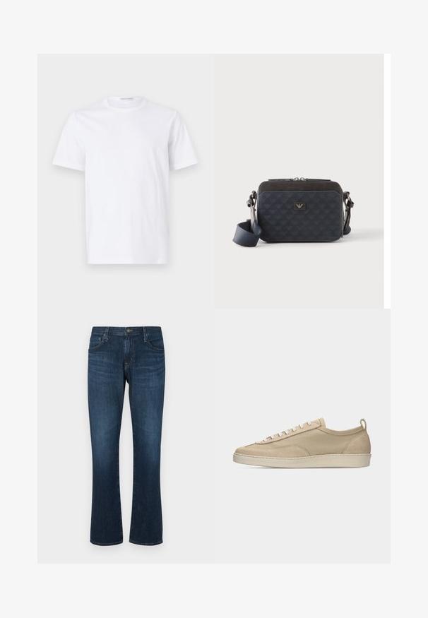 Hvid bomulds t-shirt med rund halsudskæring og korte ærmer. Glat tekstur, lige snit og minimalistisk design uden mønstre eller accenter.; Mørkeblå denimjeans med lige ben-design, fem lommer og metalknap-lukning. Glat tekstur med subtil falming.; Beige lavtop sneakers med overdel i stof og ruskind, hvide snørebånd, gummisål og hælstrækkehank, vist i sideprofil på hvid baggrund.; Rektangulær mørkeblå crossbody-taske med justerbar rem, lynlåslukning og diskret logomønster på frontpanelet.