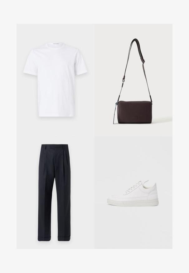 Hvid bomulds t-shirt med rund halsudskæring og korte ærmer. Glat tekstur, lige snit og minimalistisk design uden mønstre eller accenter.; Tiger of Sweden TREYTON - Bukser - dark ink; Hvid lædersneaker med rundet tå, flad sål og snørebånd foran. Har syningsdetaljer og polstret krave for komfort.; Mørkebrun textured læder crossbody taske med justerbar rem og lille dekorativ blå accent på siden.