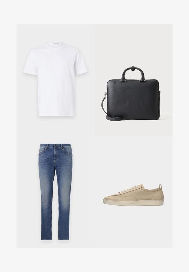 Hvid bomulds t-shirt med rund halsudskæring og korte ærmer. Glat tekstur, lige snit og minimalistisk design uden mønstre eller accenter.; Denim jeans i medium blå med en lys vask, fem-lomme design, lige benform og knaplukning. Har let falming og subtile syninger.; Beige lavtop sneakers med overdel i stof og ruskind, hvide snørebånd, gummisål og hælstrækkehank, vist i sideprofil på hvid baggrund.; Sort lædermappe med dobbelt håndtag og aftagelig skulderrem på en ensartet lys baggrund.