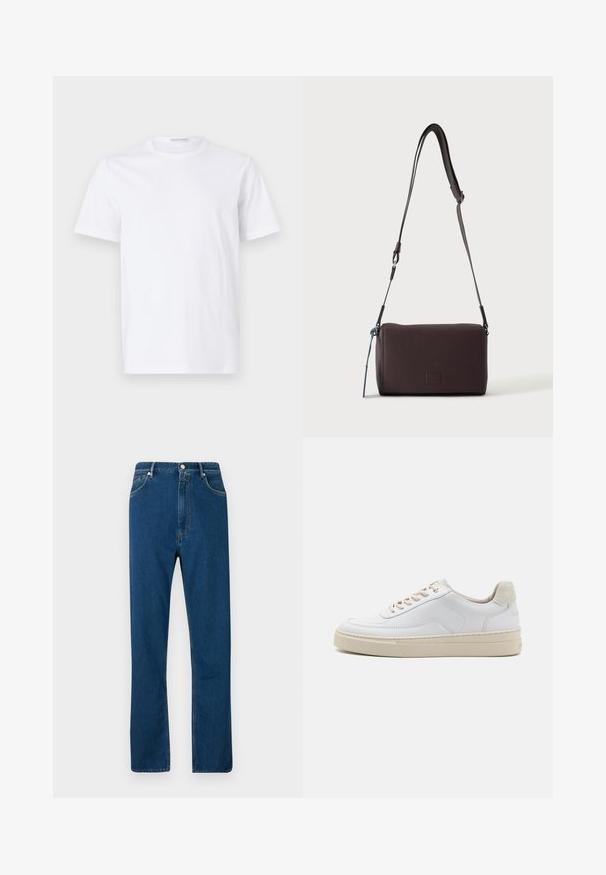 Hvid bomulds t-shirt med rund halsudskæring og korte ærmer. Glat tekstur, lige snit og minimalistisk design uden mønstre eller accenter.; Blå denimjeans med høj talje, lige ben, fem lomme-design og kontrasterende orange syninger. Glat tekstur.; Hvide sneakers med en glat læderoverdel, beige snørebånd og en tekstureret beige ruskindsheel-tab. Hævet sål for ekstra højde.; Mørkebrun textured læder crossbody taske med justerbar rem og lille dekorativ blå accent på siden.