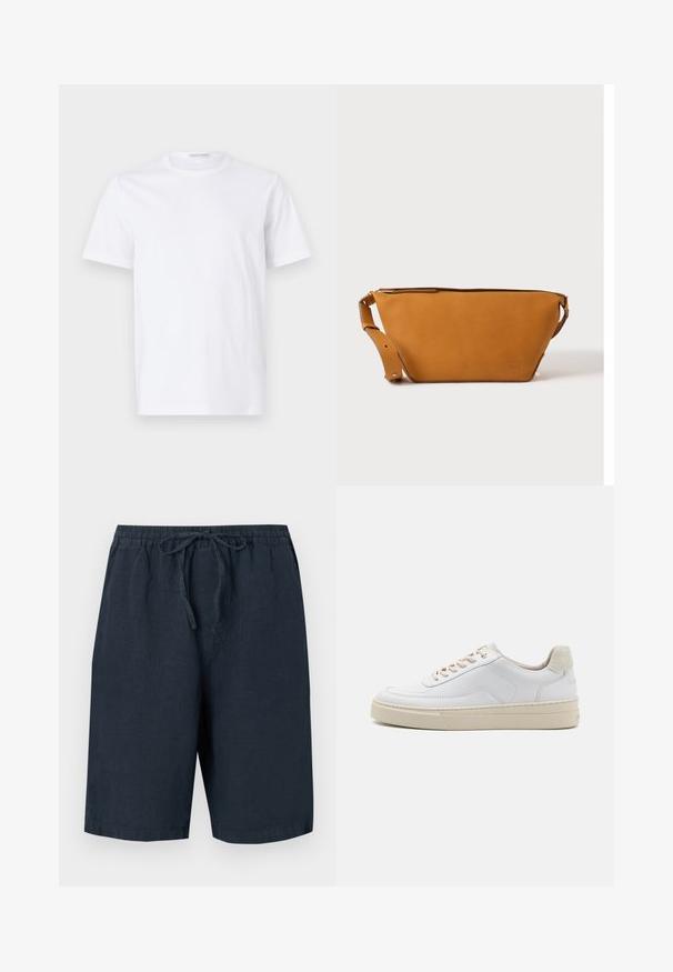 Hvid bomulds t-shirt med rund halsudskæring og korte ærmer. Glat tekstur, lige snit og minimalistisk design uden mønstre eller accenter.; Mørkeblå linnedshorts med elastisk talje og justerbar snor. Har sidelommer og en afslappet pasform.; Hvide sneakers med en glat læderoverdel, beige snørebånd og en tekstureret beige ruskindsheel-tab. Hævet sål for ekstra højde.; Lys brun læder crossbody taske med justerbar rem og lynlås, vist mod en ensartet lys baggrund.