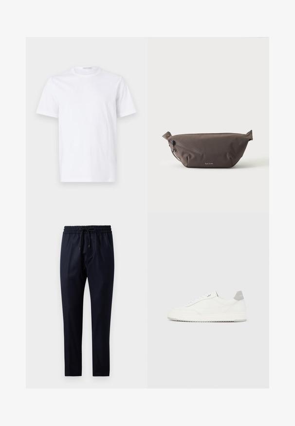 Hvid bomulds t-shirt med rund halsudskæring og korte ærmer. Glat tekstur, lige snit og minimalistisk design uden mønstre eller accenter.; Mørkeblå bukser lavet af blødt stof, med elastisk talje med snørebånd, lige ben design og ingen synlige mønstre eller accenter.; Hvid lavtop-sneaker med gråt hælflig, hvide snørebånd og tekstureret sål, vist på en ensfarvet lys baggrund.; Mørkebrun stof talje taske med diagonalt lynlåslomme og lille hvidt logo på fronten, sat mod en ensfarvet lys baggrund.