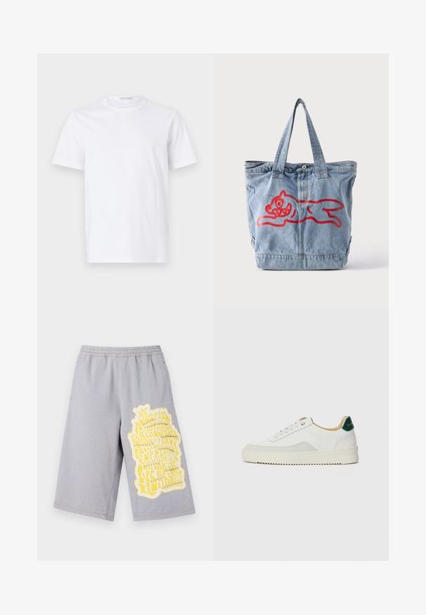 Hvid bomulds t-shirt med rund halsudskæring og korte ærmer. Glat tekstur, lige snit og minimalistisk design uden mønstre eller accenter.; Grå bomuldsshorts med elastisk talje, udstyret med et stort gult grafisk tryk og slidte kanter på venstre ben.; Hvide sneakers med ruskindsdetaljer, rund tå, flade snørebånd og en cremet gummisål. Har grøn branding på hælen.; Lyseblå denimtaske med to håndtag og en rød silhuet af et løbende tegneserie-dyr foran.