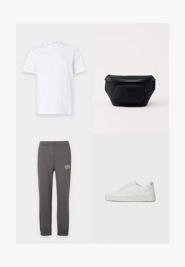 Hvid bomulds t-shirt med rund halsudskæring og korte ærmer. Glat tekstur, lige snit og minimalistisk design uden mønstre eller accenter.; Grå sweatpants med elastisk livrem, tætsiddende manchetter og et lille hvidt logo med teksten "Billionaire Boy Club" på venstre lår.; Hvide lædersneakers med en glat overflade, rund tå, flade snørebånd og en tekstureret sål. Har et diskret logo på hælen.; Sort nylon taske med en frontlomme med lynlås, der har en glat overflade og et logo som accent. Struktureret design med fold-over top.
