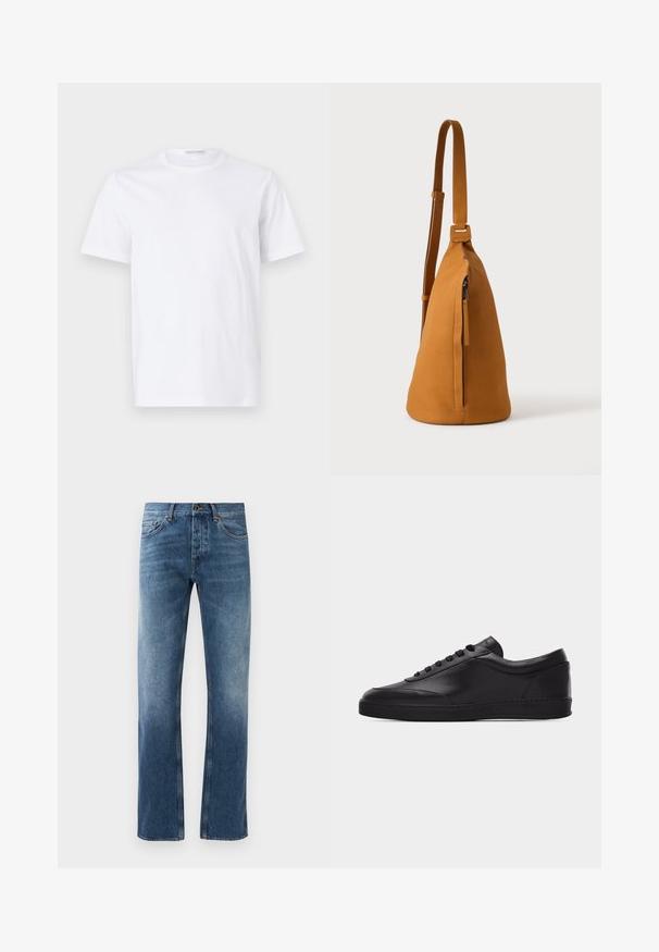 Hvid bomulds t-shirt med rund halsudskæring og korte ærmer. Glat tekstur, lige snit og minimalistisk design uden mønstre eller accenter.; Blå denim jeans med lige ben design, falmede vask, fem lommer og kontrastsyning. Knap- og lynlås-lukning i taljen.; Sort lavtstående lædersneaker med snørebånd foran og flad gummisål, vist fra siden på en ensartet hvid baggrund.; Tan læder crossbodytaske med justerbar rem og lodret lynlåslomme, vist fra siden mod en ensfarvet lys baggrund.