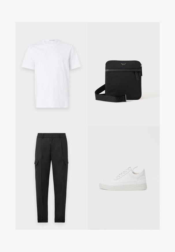 Hvid bomulds t-shirt med rund halsudskæring og korte ærmer. Glat tekstur, lige snit og minimalistisk design uden mønstre eller accenter.; Sorte cargo bukser med elastisk talje, tapered ben, sidelommer og en enkelt cargo lomme på venstre lår. Glat tekstur.; Hvid lædersneaker med rundet tå, flad sål og snørebånd foran. Har syningsdetaljer og polstret krave for komfort.; Sort firkantet skuldertaske med lynlås, frontlomme og justerbar rem med præget brandnavn.