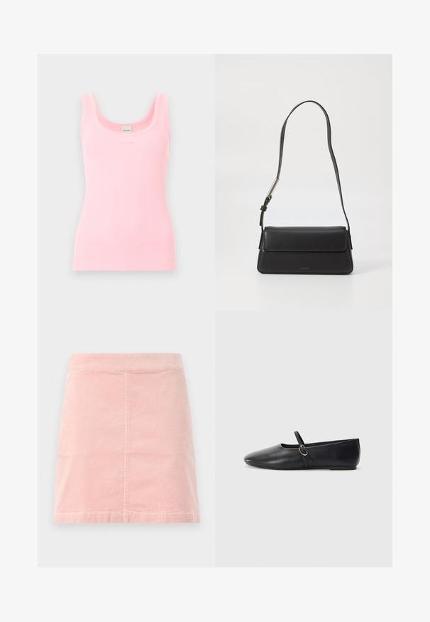 Camiseta sin mangas de canalé rosa claro con escote redondo y etiqueta de Calvin Klein en el interior del cuello trasero.; Mini falda de pana rosa con una cintura ajustada y textura de costillas verticales. El dobladillo es recto y presenta un diseño simple sin decoraciones.; Bailarinas de cuero negro con punta afilada, suela plana y una pequeña correa con detalle de hebilla plateada.; Bolso de mano de cuero negro con forma rectangular y solapa plegable. Presenta una correa delgada y una marca mínima en la parte delantera.
