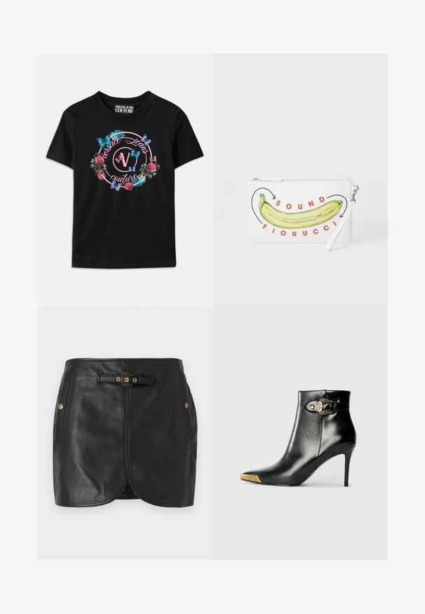 Must musträtik featuring colorful lillede ja liblikate graafika, roosa ja sinise aktsendiga. "Versace Jeans Couture" trükitud ringikujulises disainis.; Must mustrüüga must nahkne seelik, sirge lõikega, kuldsete metalldetailidega, küljetaskudega ja vöödetailiga.; Mustast läikivast nahast pahkluu saabas, millel on terav nina, kontsasstiletokonts ja kuldse tooniga riistvara koos dekoratiivse pandla detailiga.; Valge käekott, millel on kollase banaani illustreerimine ja punane tekst "SOUND FIORUCCI" esiküljel ning hõbedane tõmblukk.