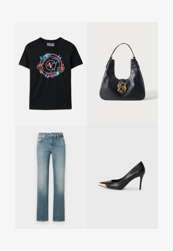Čierne tričko s farebnou kvetinovou a motýľovou grafikou, so ružovými a modrými akcentmi. Nápis "Versace Jeans Couture" vytlačený v kruhovom dizajne.; Modré denimové nohavice so strihom rovného noha, s bledými miestami, dizajnom s piatimi vreckami a kovovým gombíkom na zapínanie v páse.; Čierny kožený lodičkový topánok na vysokom opätku s špicatou špičkou; zdobený kovovým zlatým akcentom na špičke. Hladký povrch s elegantným dizajnom.; Čierna kožená kabelka s jedným popruhom a zlatou dekoratívnou sponou v tvare prepletených hadov na prednej strane.