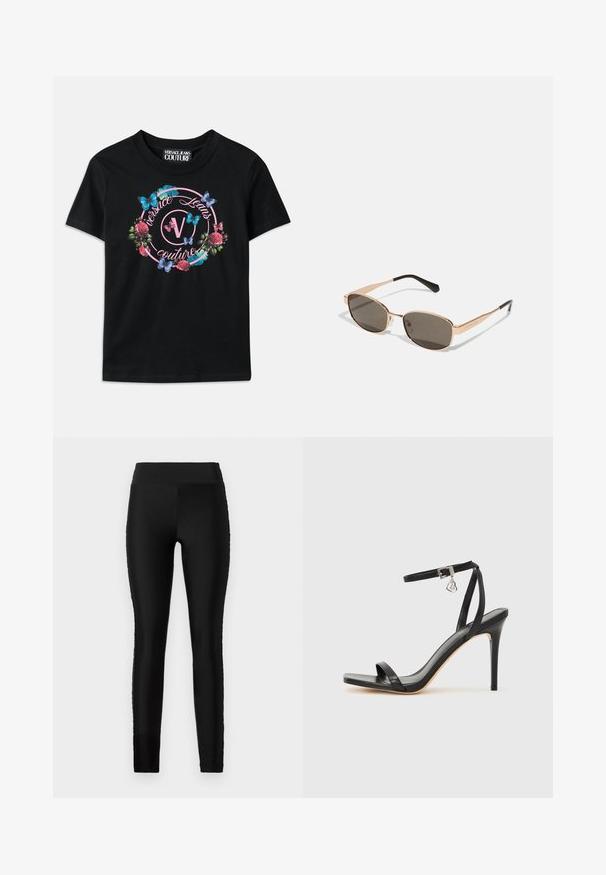 Zwarte T-shirt met een kleurrafloraal en vlinderontwerp, met roze en blauwe accenten. "Versace Jeans Couture" gedrukt in een cirkelontwerp.; Zwarte leggings van een gladde, rekbare stof, met een hoge tailleband en een aansluitend ontwerp. Bevat geen zichtbare patronen of accenten.; Zwarte sandaal met hoge hak, smalle enkelband, vierkante neus, soepel leermateriaal en metalen gespsluiting.; Rechthoekige zonnebril met een gouden metalen frame en donkere lenzen. Accentueert met slanke zwarte armen, wat een minimalistisch ontwerp toont.