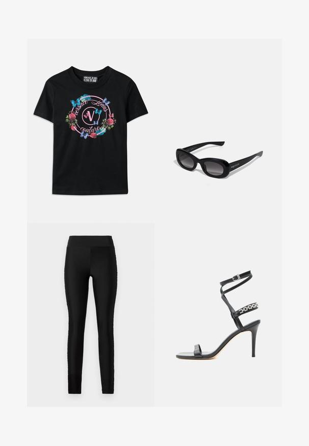 Sort T-shirt med et farverigt blomster- og sommerfuglgrafik, med pink og blå accenter. "Versace Jeans Couture" trykt i et cirkulært design.; Sorte leggings med et glat, strækbart stof, høj talje og en tætsiddende design. Uden synlige mønstre eller accenter.; Sort højhælet sandal med tynd ankelrem, midtfodsrem dekoreret med sølvkædeled og åben tå-design.; Sorte, oversized solbriller med en blank finish, gradient linser og rund rektangulær form; har logo på siden.
