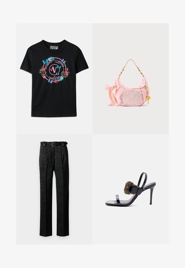 Čierne tričko s farebnou kvetinovou a motýľovou grafikou, so ružovými a modrými akcentmi. Nápis "Versace Jeans Couture" vytlačený v kruhovom dizajne.; Čierne formálne nohavice s jemným kvetinovým vzorom, prednými záhybmi, pútkami na opasok a dekoratívnym opaskom na jednoduchom pozadí.; Čierna sandála na vysokom opätku z lakovanej kože s tenkými remienkami a veľkou ozdobnou zlatou prackou na prednom remienku.; Ružová zamatová kabelka cez rameno Juicy Couture so zlatým retiazkovým remienkom, príveskom v tvare srdca, vyšívaným logom a ružovou saténovou mašľou.