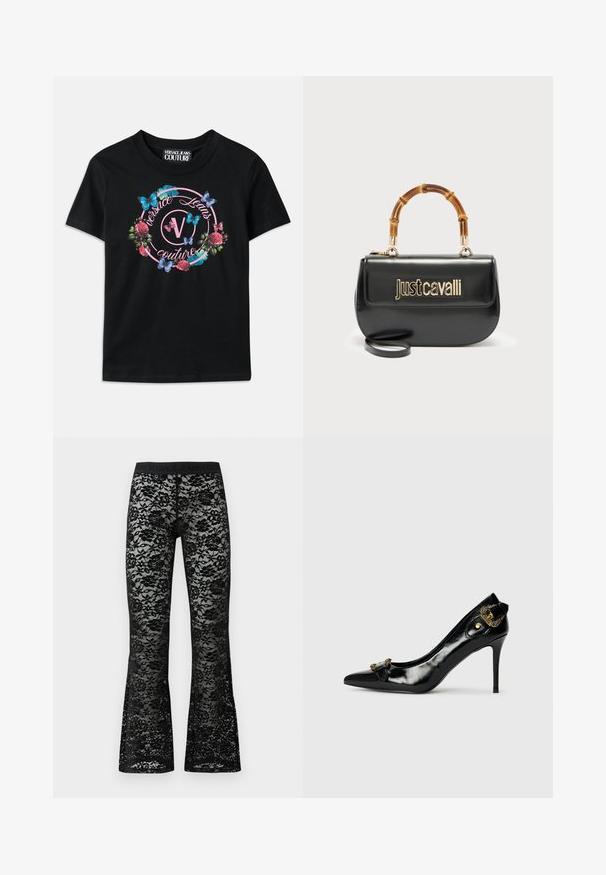 Schwarzes T-Shirt mit einem bunten Blumen- und Schmetterlingsmotiv in Pink- und Blautönen. "Versace Jeans Couture" in einem kreisförmigen Design aufgedruckt.; Schwarze spitzen Schlaghosen mit Blumenmuster, elastischem schwarzen Bund, transparenter Textur und figurbetontem Schnitt.; Schwarzer Lackleder-High-Heel-Schuh mit spitzer Zehe, einer Schleifendetaillierung auf der Vorderseite und einer dekorativen goldfarbenen Hardware-Akzent auf der Rückseite.; Schwarze Lederhandtasche mit goldenem "Just Cavalli"-Logo auf der Vorderseite und gebogenem Bambusgriff, ausgestattet mit einem abnehmbaren langen Riemen.