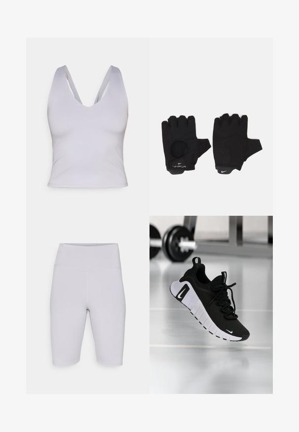 Heledhalli ilma varrukatega crop top, sügava V-kaelusega, valmistatud siledast kangast, laia rihmaga ja sobiva värviga.; Heledad hallhallikad rattapüksid, mis on valmistatud venivast kangast, kõrge vöökoha ja sileda tekstuuriga, ilma nähtavate mustrite või aktsentideta.; Must spordijalats, millel on tekstureeritud kangast pealmine osa, valge tallaga ja silmatorkava paelasüsteemiga. Omab Nike logo ning pehme ja polsterdatud disain.; Mustad sõrmeotsadeta mustad kindad, millel on tekstuuriga disain. Valmistatud hingavast materjalist, millel on suurendatud peopesa haarde tagamiseks ja sõrmeava.
