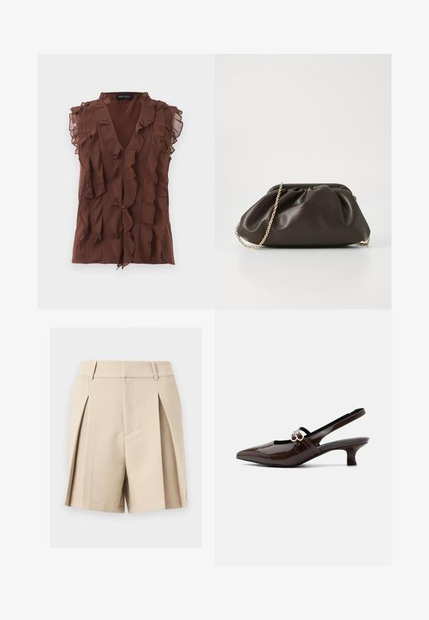 Blouse marron sans manches avec volants verticaux superposés et col en V, en tissu léger et transparent aux épaules.; Shorts beige taille haute, coupés sur mesure, avec passants de ceinture et plis avant, présentés sur un fond neutre.; Marco Tozzi Escarpins - cinnamon; Sac à main en cuir marron avec un design froncé, une bandoulière en chaîne dorée et une finition douce et texturée. Sa forme compacte est idéale pour une utilisation en soirée.