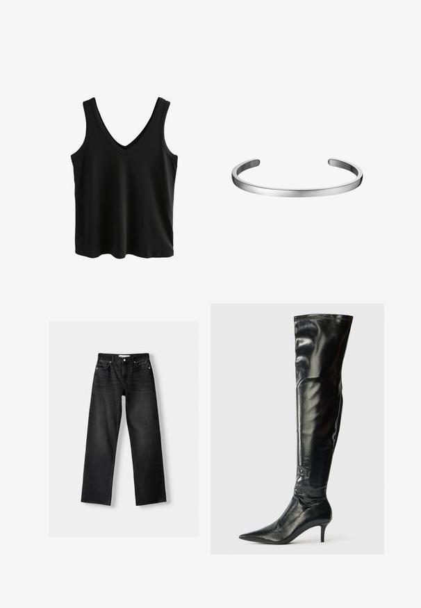Schwarzes ärmelloses Oberteil mit tiefem V-Ausschnitt, aus weichem Stoff gefertigt. Einfaches Design ohne Muster, mit genähten Kanten und einer lockeren Passform.; Bershka Jeans Straight Leg - mottled dark grey; Schwarze Lederstiefel bis zum Knie mit glänzender Oberfläche, spitzer Zehenpartie und schlanker Stilettoabsatz. Verfügt über einen eng anliegenden Schaft mit Steppnähten.; Silberner Metallarmreif mit einer glatten, polierten Oberfläche und offenen Enden, der ein rundes, elegantes Design und eine minimalistische Ästhetik aufweist.